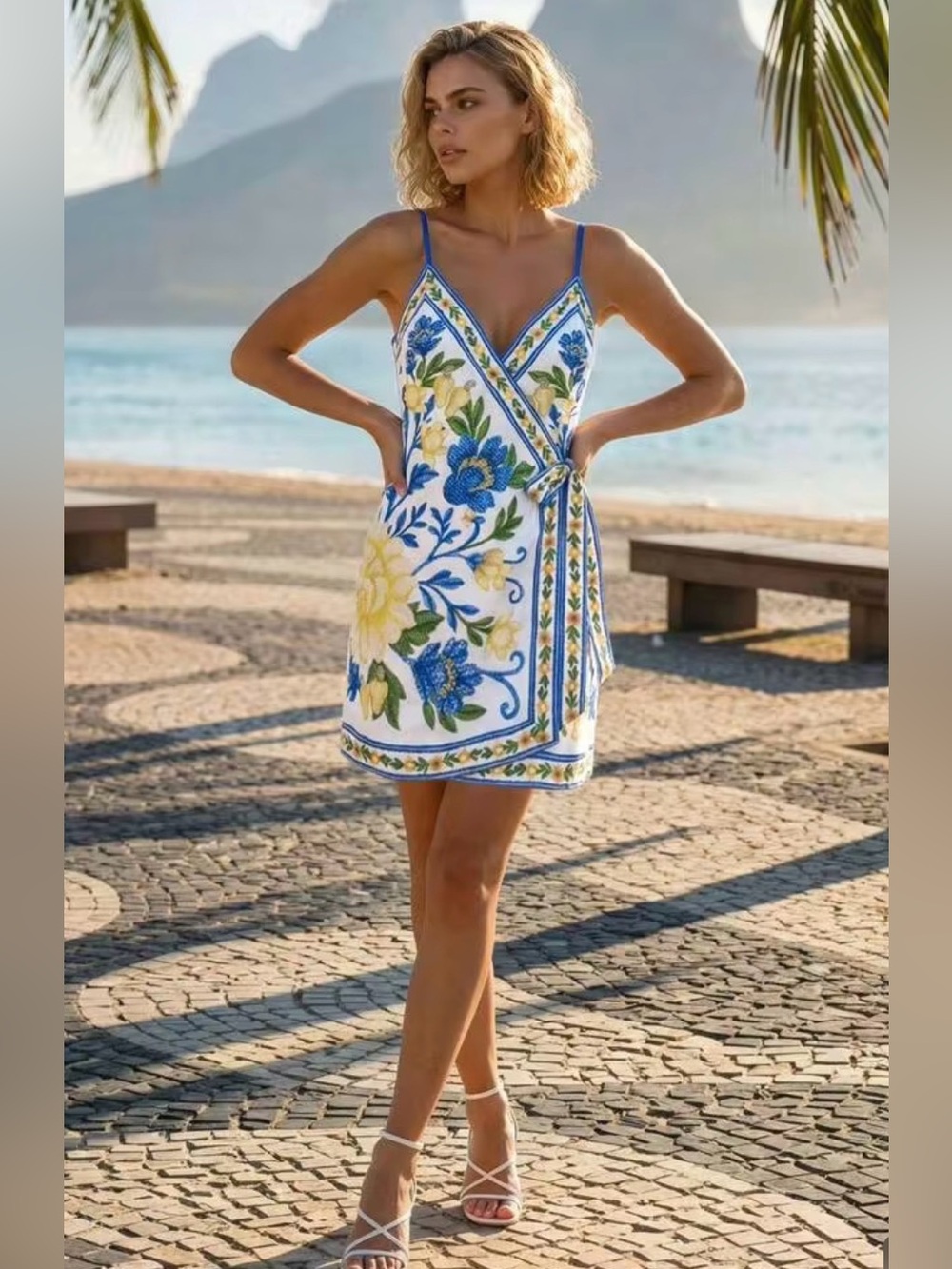 NWOT Blue Yellow Floral Wrap Mini Dress Size M/6 Adjustable Straps Summer Resort